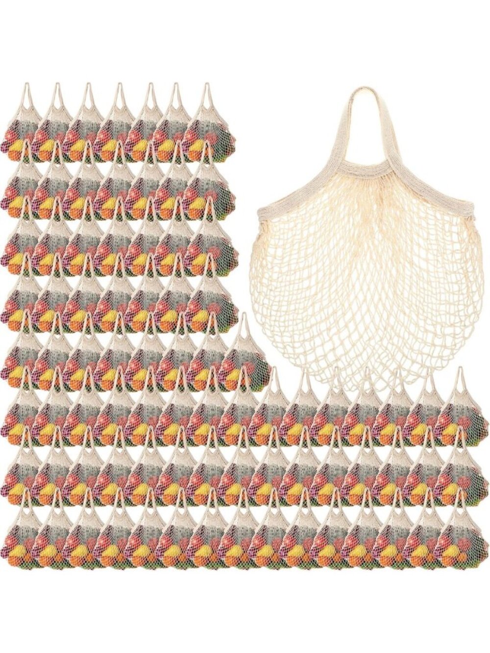 80 Cotton Mesh Produce Bags - Eco-Friendly, Reusable, Short Handle, Beige